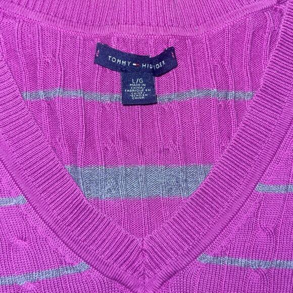 Tommy Hilfiger Ribbed V-Neck Sweater size large pink gray stripe Y2K Preppy - Picture 3 of 4